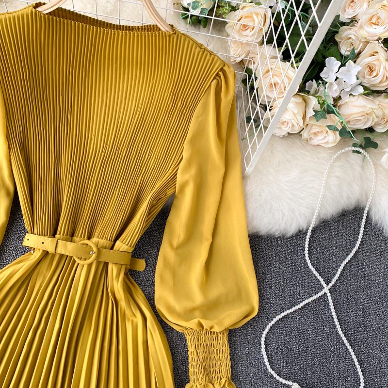 Vintage Women Pleated Long Dress Female Elegant Lantern Long Sleeve High Waist Red/Purple Draped Maxi Vestidos Spring Autumn New