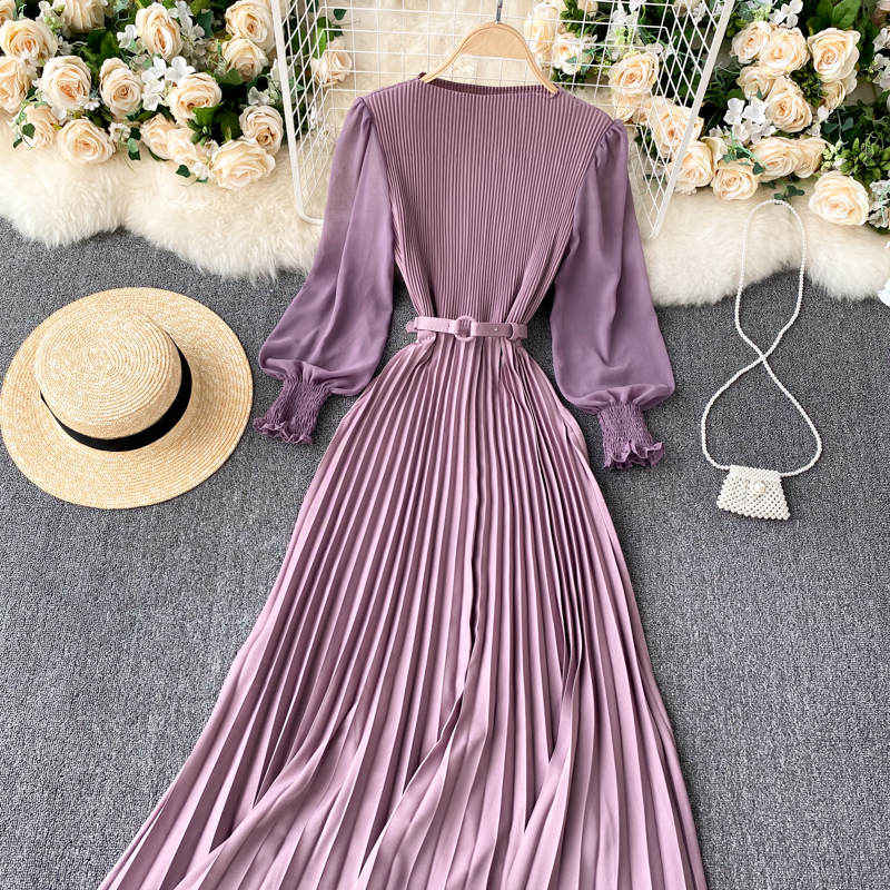 Vintage Women Pleated Long Dress Female Elegant Lantern Long Sleeve High Waist Red/Purple Draped Maxi Vestidos Spring Autumn New