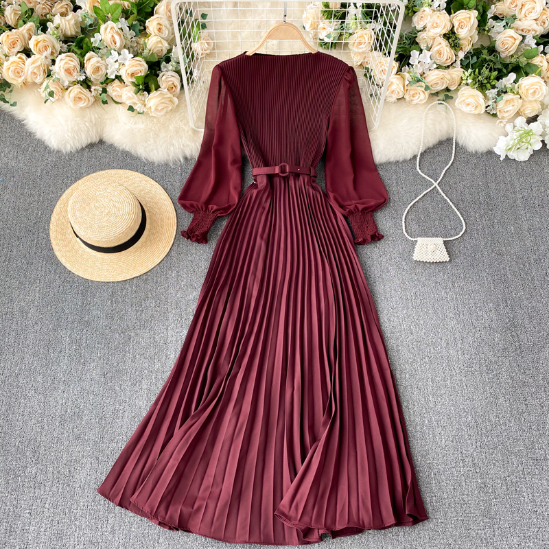 Vintage Women Pleated Long Dress Female Elegant Lantern Long Sleeve High Waist Red/Purple Draped Maxi Vestidos Spring Autumn New