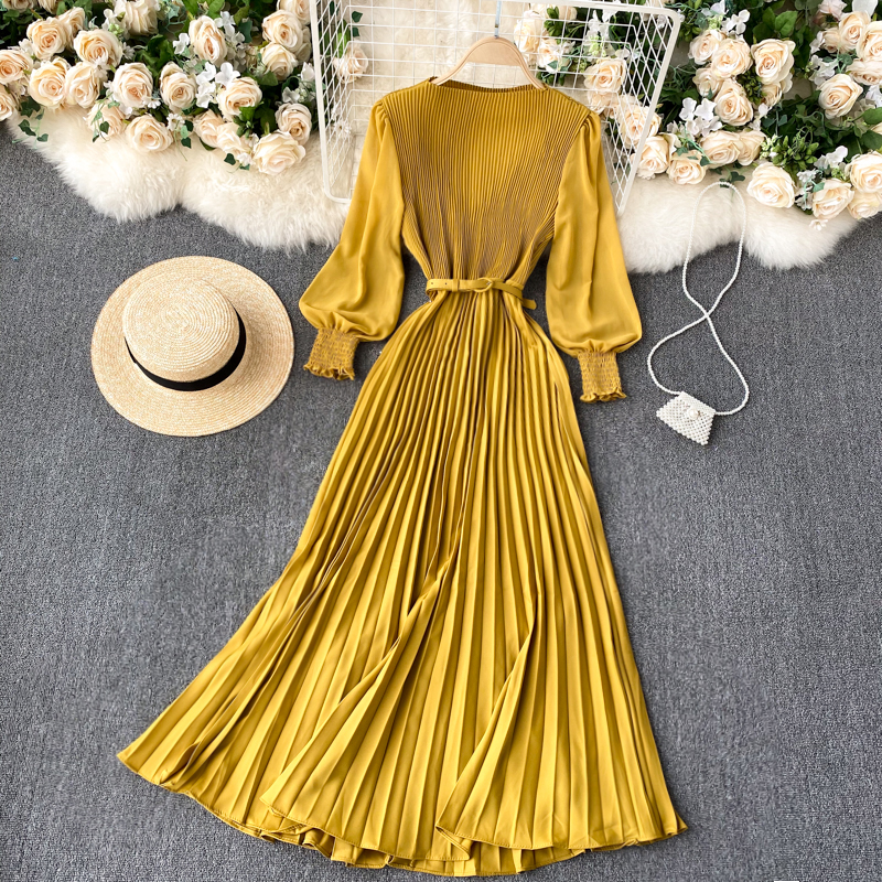 Vintage Women Pleated Long Dress Female Elegant Lantern Long Sleeve High Waist Red/Purple Draped Maxi Vestidos Spring Autumn New