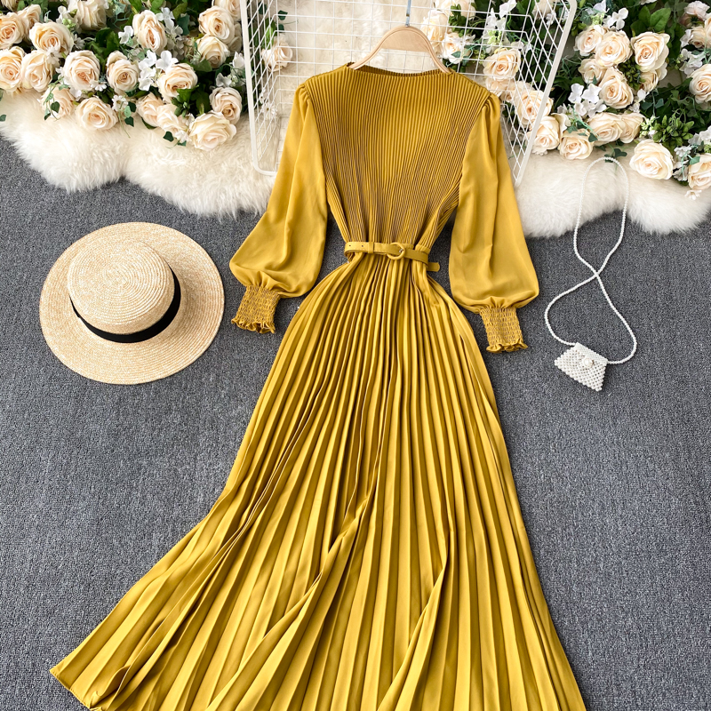 Vintage Women Pleated Long Dress Female Elegant Lantern Long Sleeve High Waist Red/Purple Draped Maxi Vestidos Spring Autumn New