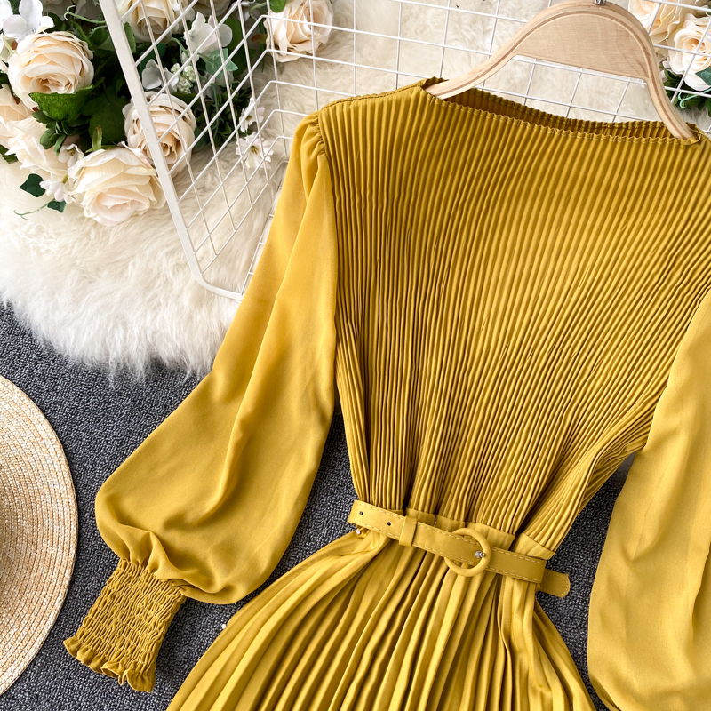 Vintage Women Pleated Long Dress Female Elegant Lantern Long Sleeve High Waist Red/Purple Draped Maxi Vestidos Spring Autumn New