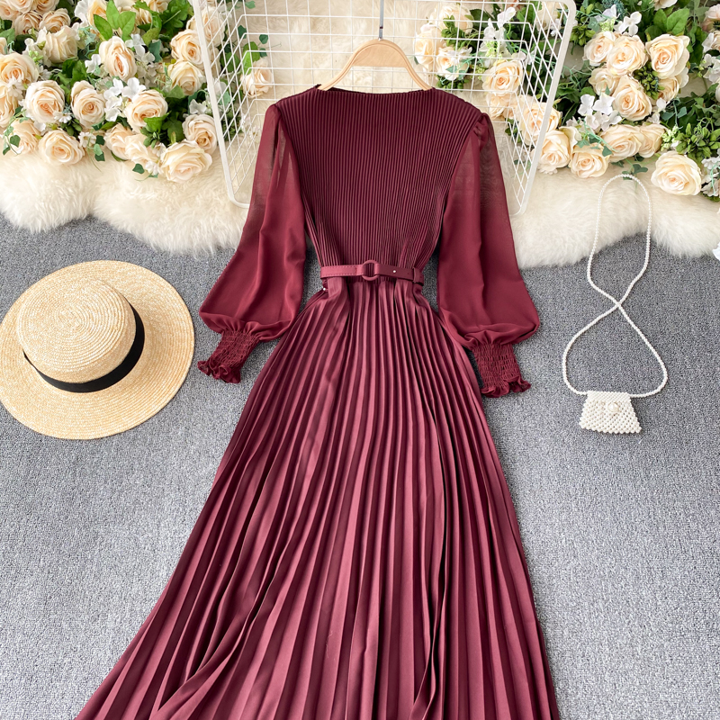 Vintage Women Pleated Long Dress Female Elegant Lantern Long Sleeve High Waist Red/Purple Draped Maxi Vestidos Spring Autumn New