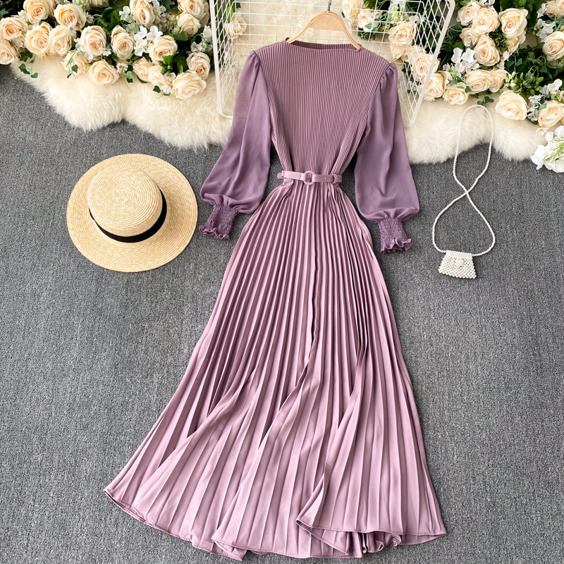 Vintage Women Pleated Long Dress Female Elegant Lantern Long Sleeve High Waist Red/Purple Draped Maxi Vestidos Spring Autumn New