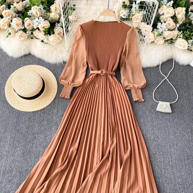 Vintage Women Pleated Long Dress Female Elegant Lantern Long Sleeve High Waist Red/Purple Draped Maxi Vestidos Spring Autumn New