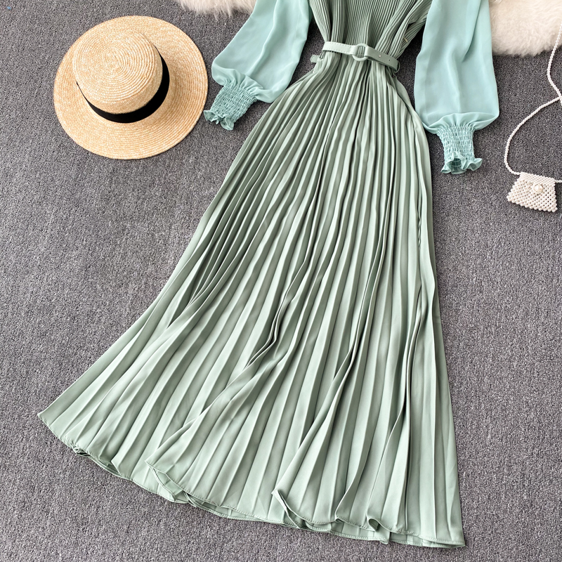 Vintage Women Pleated Long Dress Female Elegant Lantern Long Sleeve High Waist Red/Purple Draped Maxi Vestidos Spring Autumn New