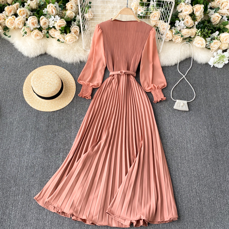 Vintage Women Pleated Long Dress Female Elegant Lantern Long Sleeve High Waist Red/Purple Draped Maxi Vestidos Spring Autumn New