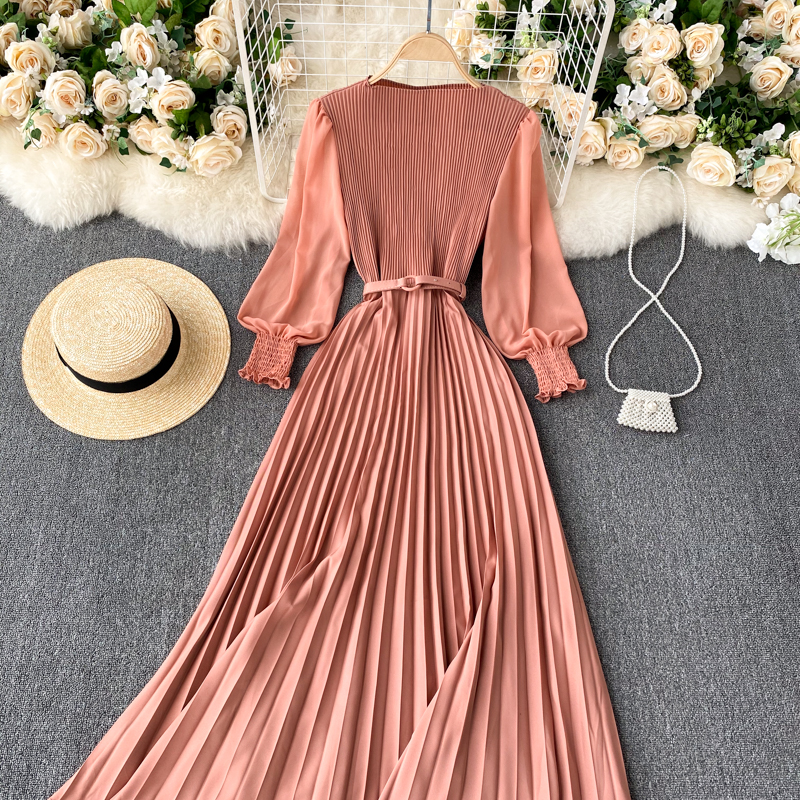 Vintage Women Pleated Long Dress Female Elegant Lantern Long Sleeve High Waist Red/Purple Draped Maxi Vestidos Spring Autumn New