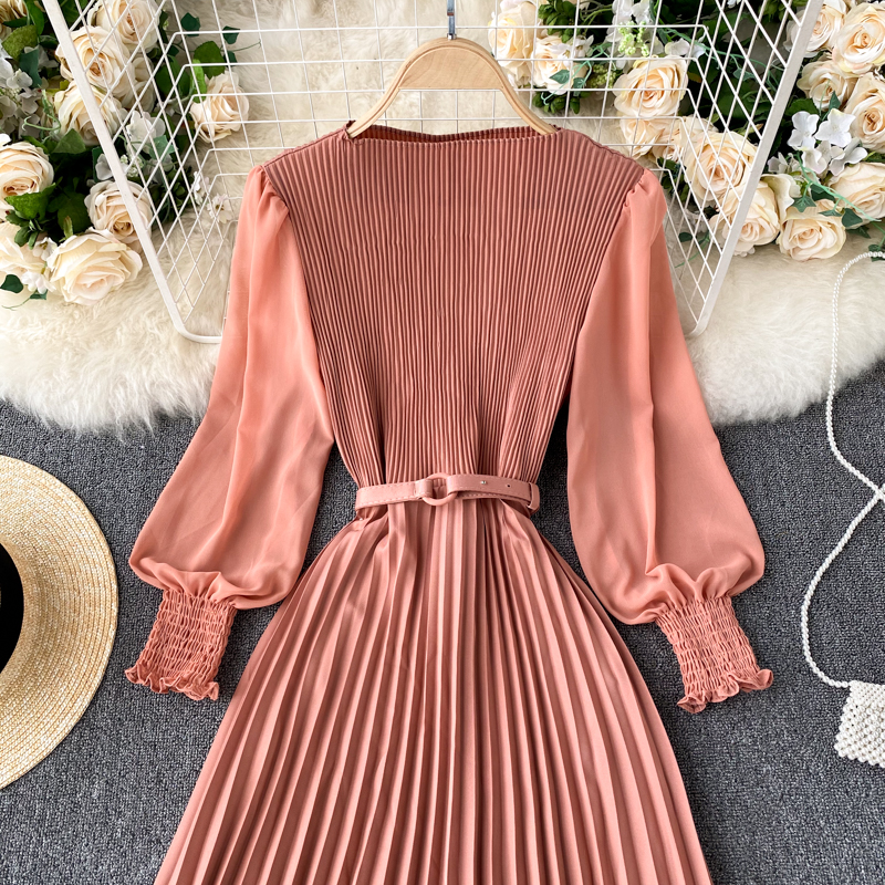 Vintage Women Pleated Long Dress Female Elegant Lantern Long Sleeve High Waist Red/Purple Draped Maxi Vestidos Spring Autumn New
