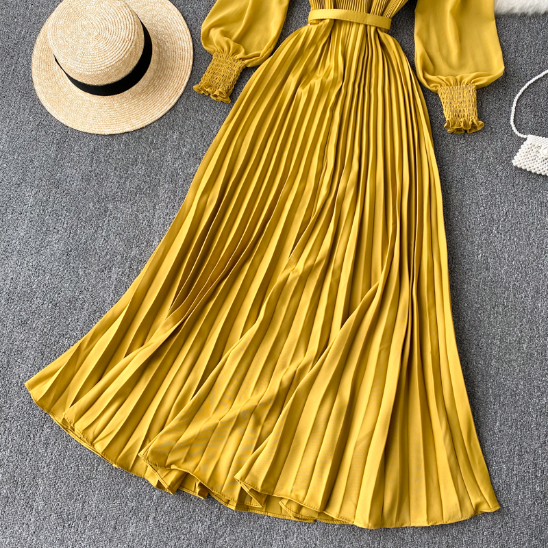 Vintage Women Pleated Long Dress Female Elegant Lantern Long Sleeve High Waist Red/Purple Draped Maxi Vestidos Spring Autumn New