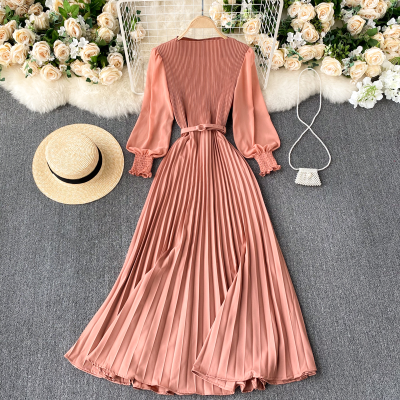 Vintage Women Pleated Long Dress Female Elegant Lantern Long Sleeve High Waist Red/Purple Draped Maxi Vestidos Spring Autumn New