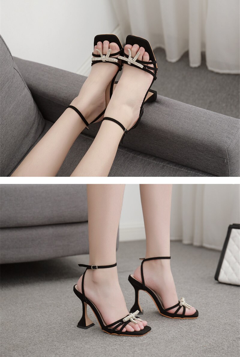 Eilyken Women Gladiator Sandals shoes Sexy White String Bead high heels Sandals Summer Party Dress shoes Buckles pumps size 42