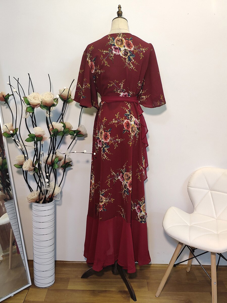 New design Summer Plus Size Dress Women's Printed Chiffon Stitching Fashion Slit Irregular Ladies Floral Maxi Dress