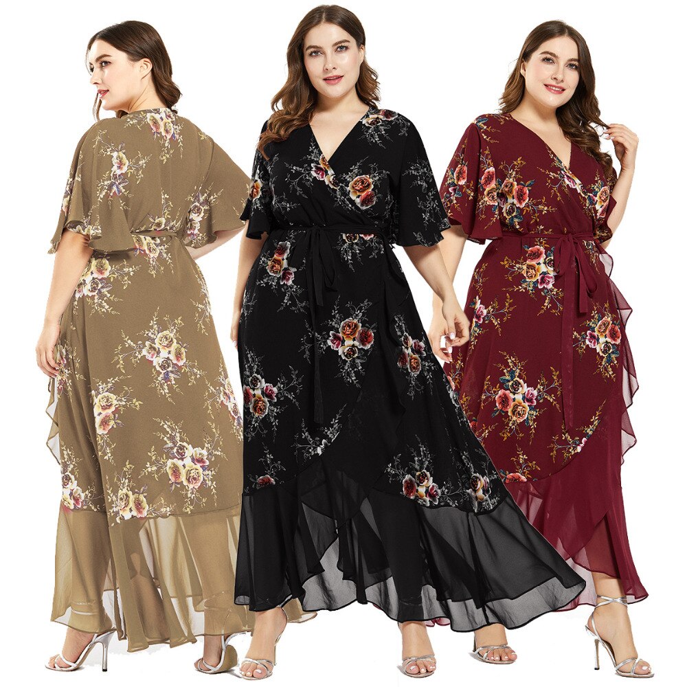 New design Summer Plus Size Dress Women's Printed Chiffon Stitching Fashion Slit Irregular Ladies Floral Maxi Dress
