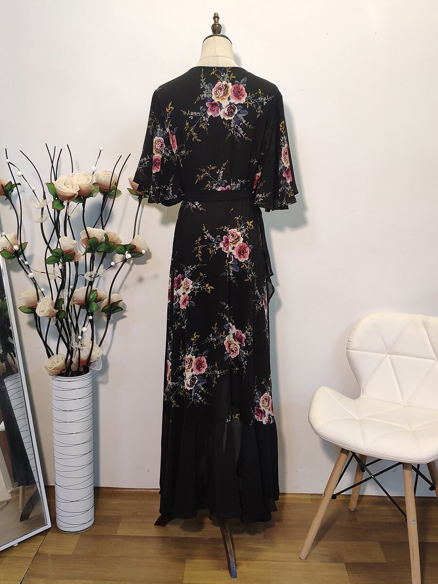 New design Summer Plus Size Dress Women's Printed Chiffon Stitching Fashion Slit Irregular Ladies Floral Maxi Dress