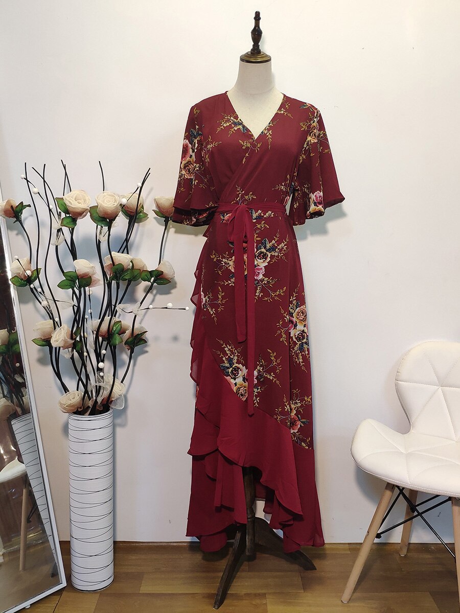 New design Summer Plus Size Dress Women's Printed Chiffon Stitching Fashion Slit Irregular Ladies Floral Maxi Dress