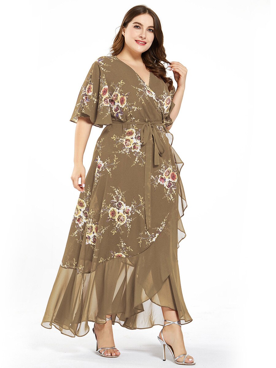 New design Summer Plus Size Dress Women's Printed Chiffon Stitching Fashion Slit Irregular Ladies Floral Maxi Dress