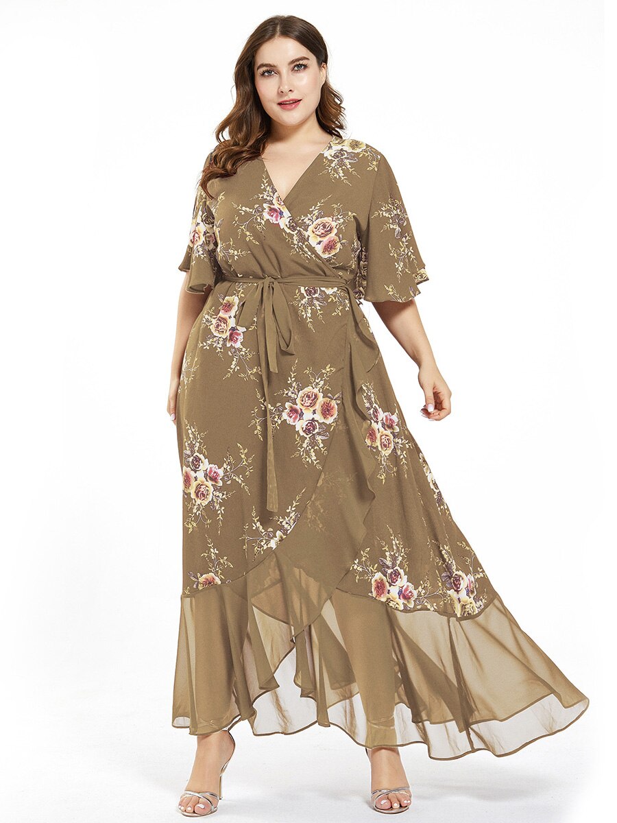 New design Summer Plus Size Dress Women's Printed Chiffon Stitching Fashion Slit Irregular Ladies Floral Maxi Dress