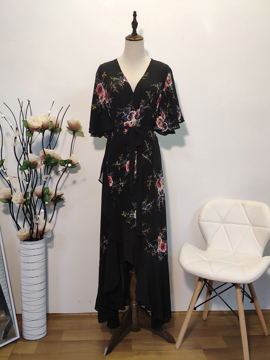 New design Summer Plus Size Dress Women's Printed Chiffon Stitching Fashion Slit Irregular Ladies Floral Maxi Dress