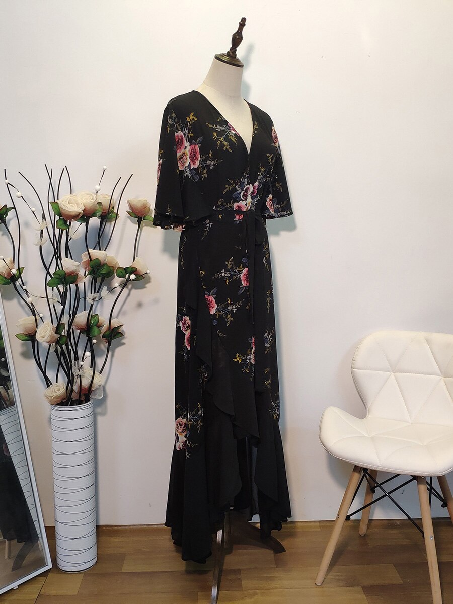 New design Summer Plus Size Dress Women's Printed Chiffon Stitching Fashion Slit Irregular Ladies Floral Maxi Dress