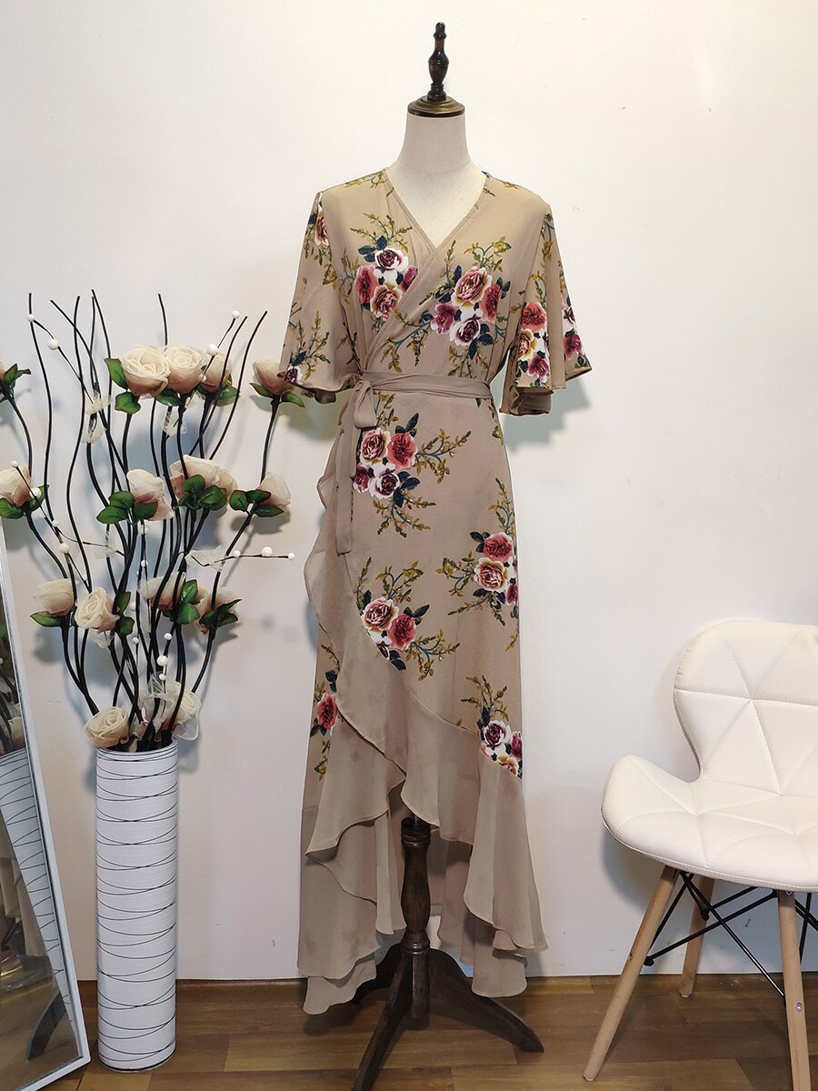 New design Summer Plus Size Dress Women's Printed Chiffon Stitching Fashion Slit Irregular Ladies Floral Maxi Dress