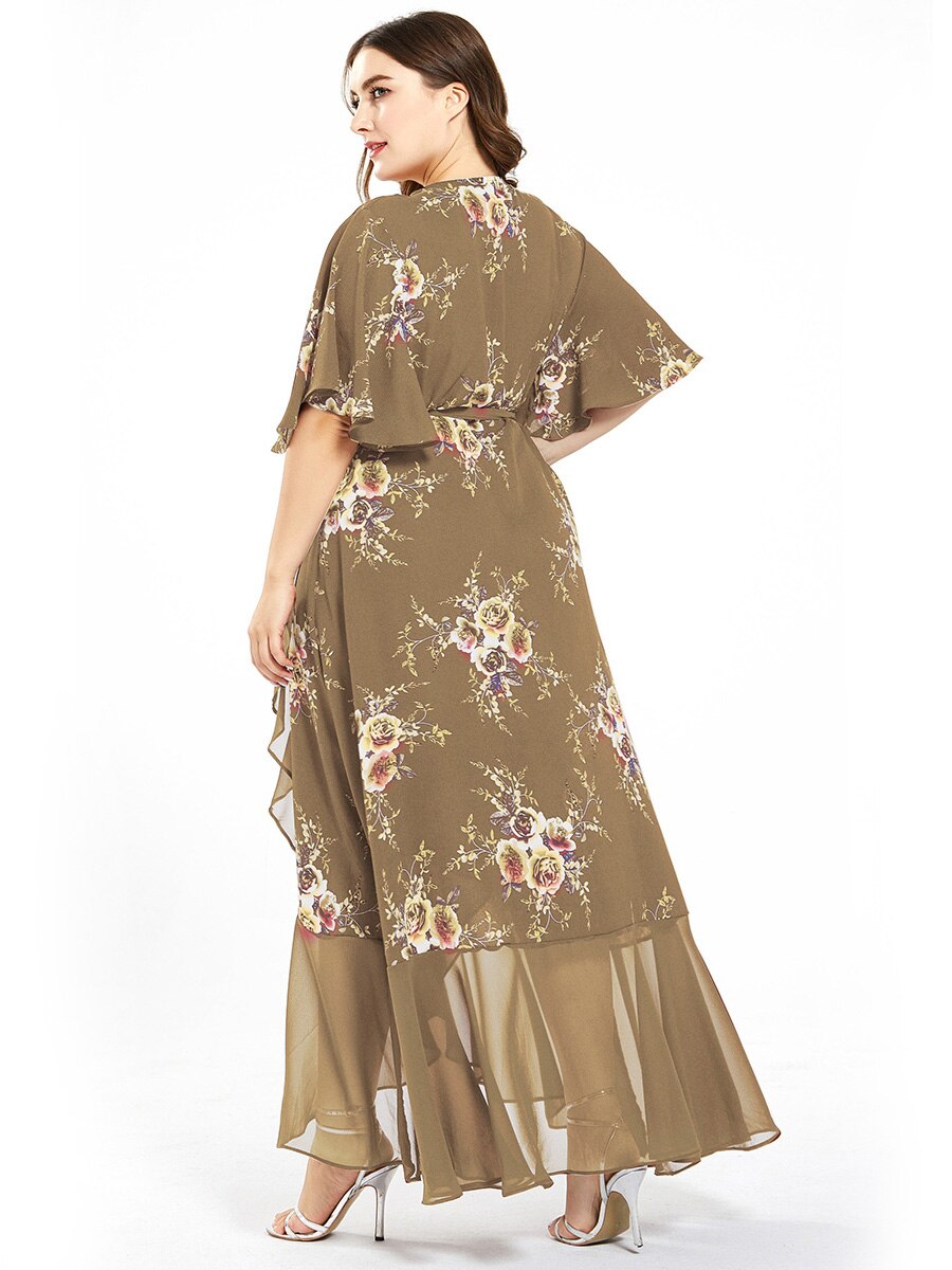 New design Summer Plus Size Dress Women's Printed Chiffon Stitching Fashion Slit Irregular Ladies Floral Maxi Dress