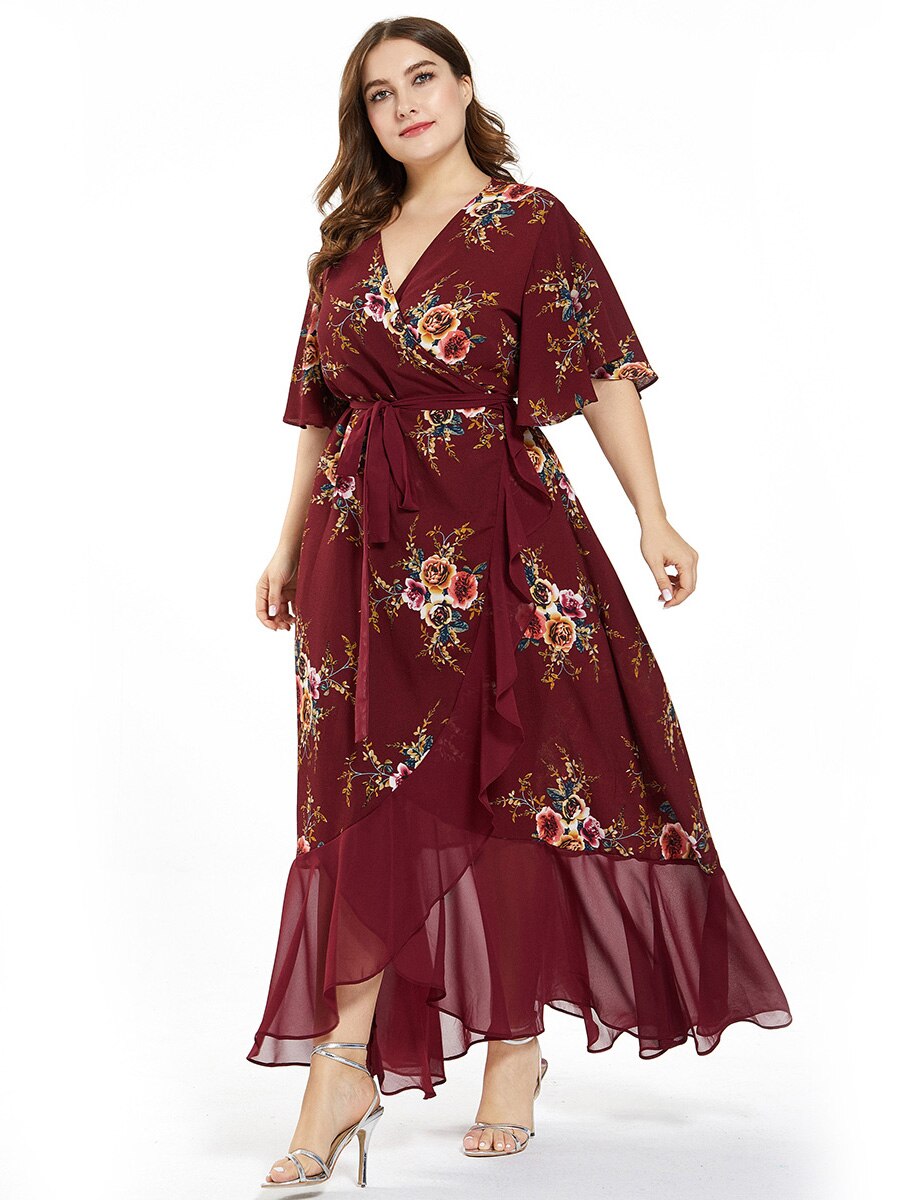 New design Summer Plus Size Dress Women's Printed Chiffon Stitching Fashion Slit Irregular Ladies Floral Maxi Dress