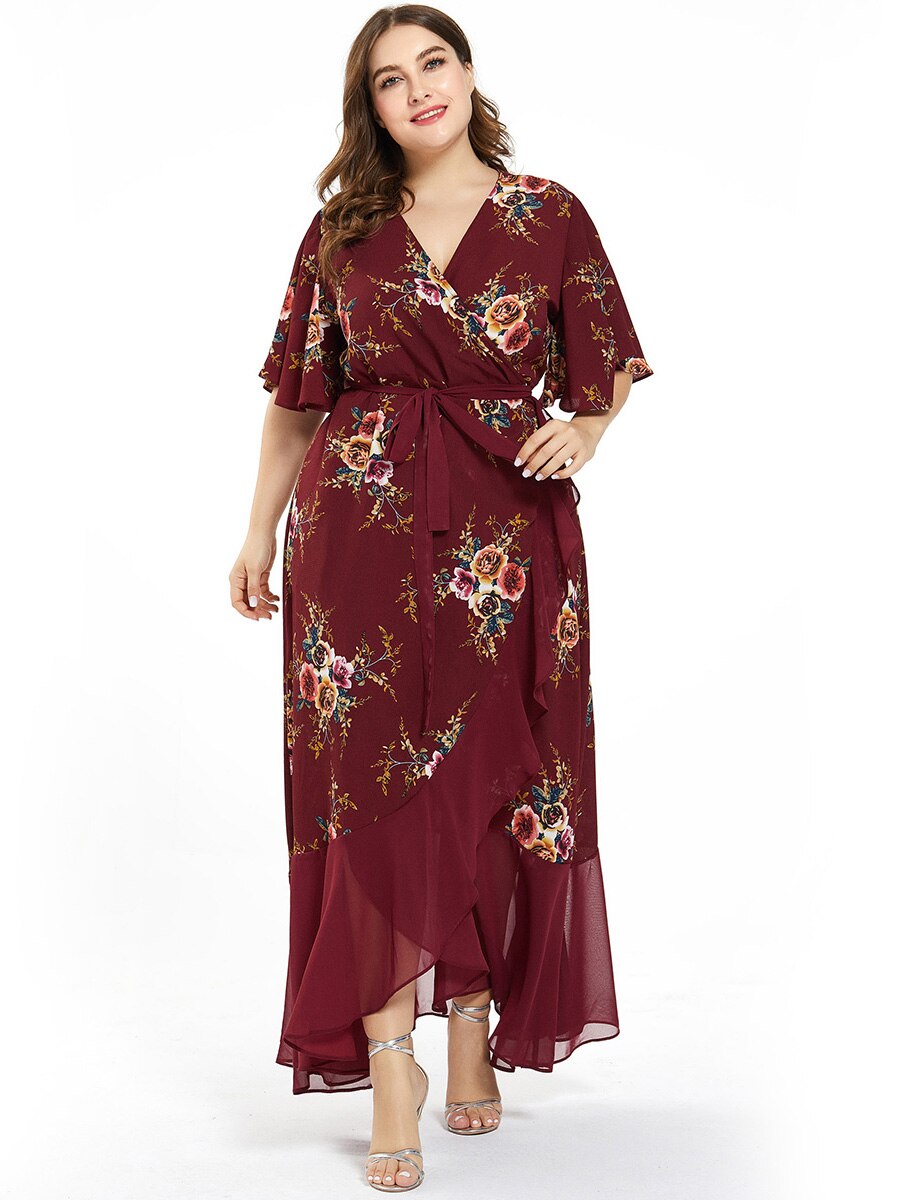 New design Summer Plus Size Dress Women's Printed Chiffon Stitching Fashion Slit Irregular Ladies Floral Maxi Dress