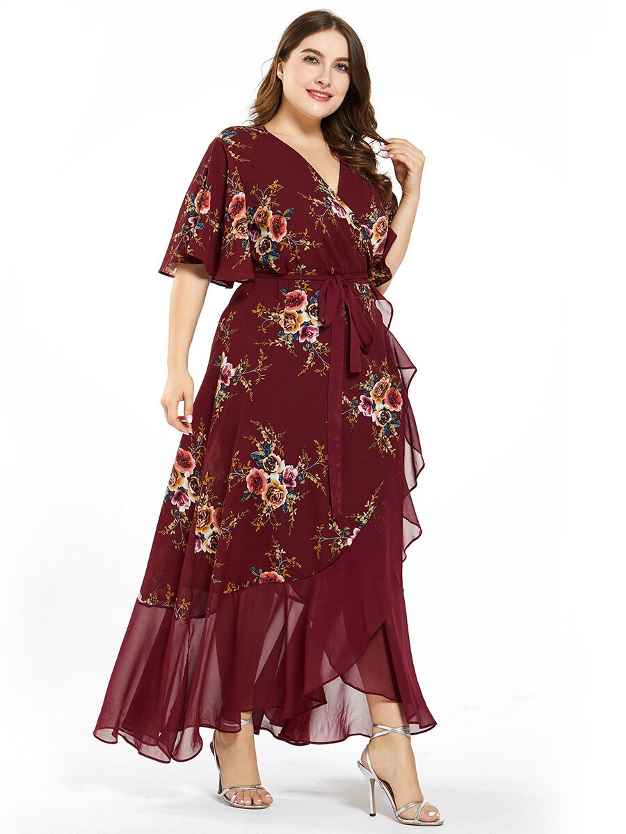 New design Summer Plus Size Dress Women's Printed Chiffon Stitching Fashion Slit Irregular Ladies Floral Maxi Dress