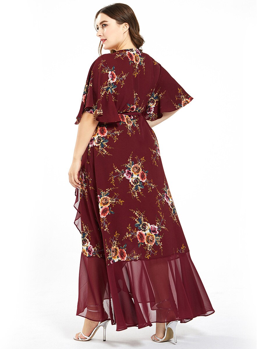 New design Summer Plus Size Dress Women's Printed Chiffon Stitching Fashion Slit Irregular Ladies Floral Maxi Dress