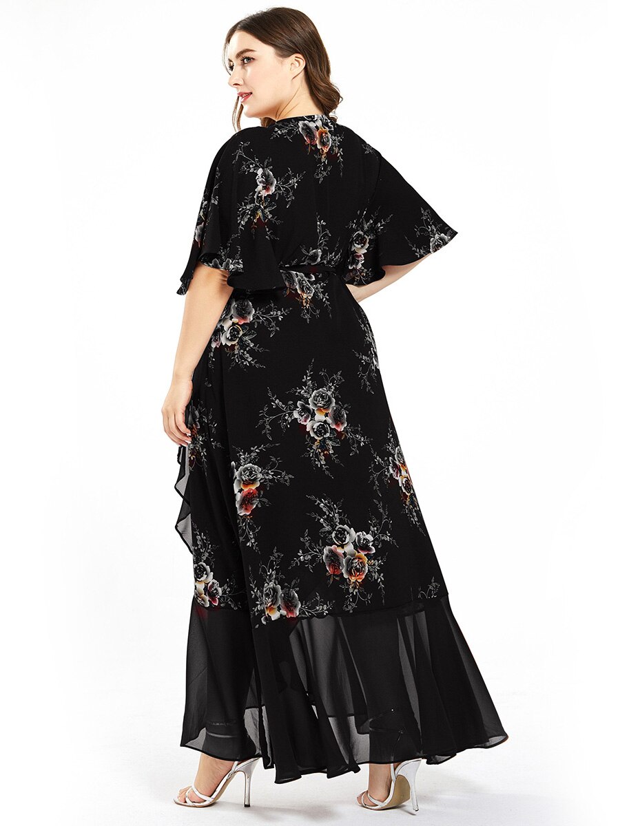 New design Summer Plus Size Dress Women's Printed Chiffon Stitching Fashion Slit Irregular Ladies Floral Maxi Dress
