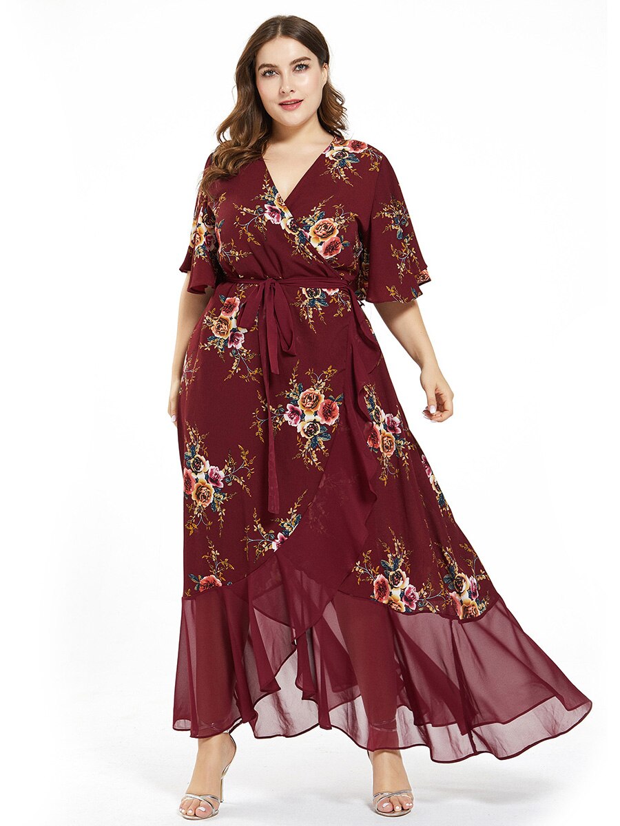 New design Summer Plus Size Dress Women's Printed Chiffon Stitching Fashion Slit Irregular Ladies Floral Maxi Dress