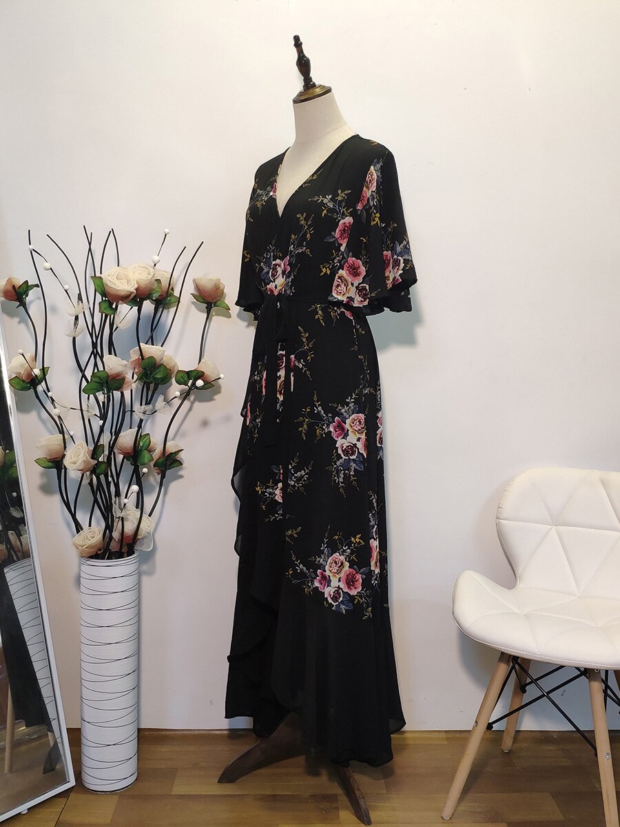 New design Summer Plus Size Dress Women's Printed Chiffon Stitching Fashion Slit Irregular Ladies Floral Maxi Dress