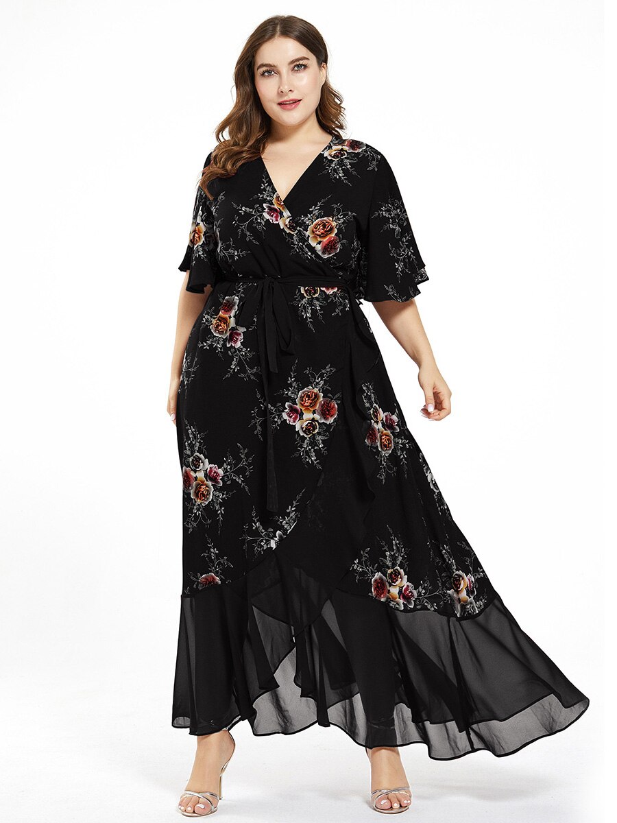New design Summer Plus Size Dress Women's Printed Chiffon Stitching Fashion Slit Irregular Ladies Floral Maxi Dress
