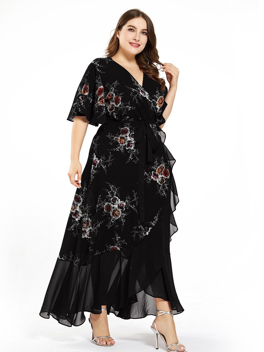 New design Summer Plus Size Dress Women's Printed Chiffon Stitching Fashion Slit Irregular Ladies Floral Maxi Dress