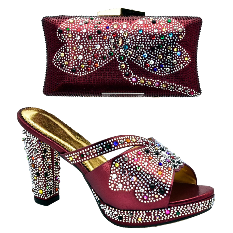 New Arrival Italian Shoes with Matching Bags High Quality Nigerian Women Wedding Shoes and Bag Set Decorated with Rhinestone