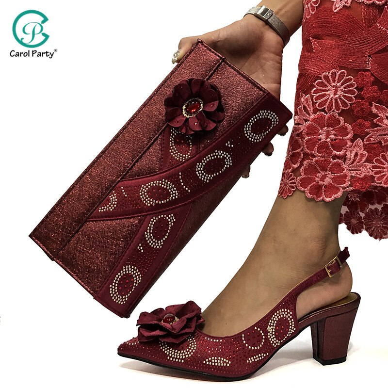 2020 New Arrival Fashionable Italian design Wine Color Lady Shoes and Bag Sets with Appliques for African women peep toe shoes 2020 New Arrival Fashionable Italian design Wine Color Lady Shoes and Bag Sets with Appliques for African women peep toe shoes
