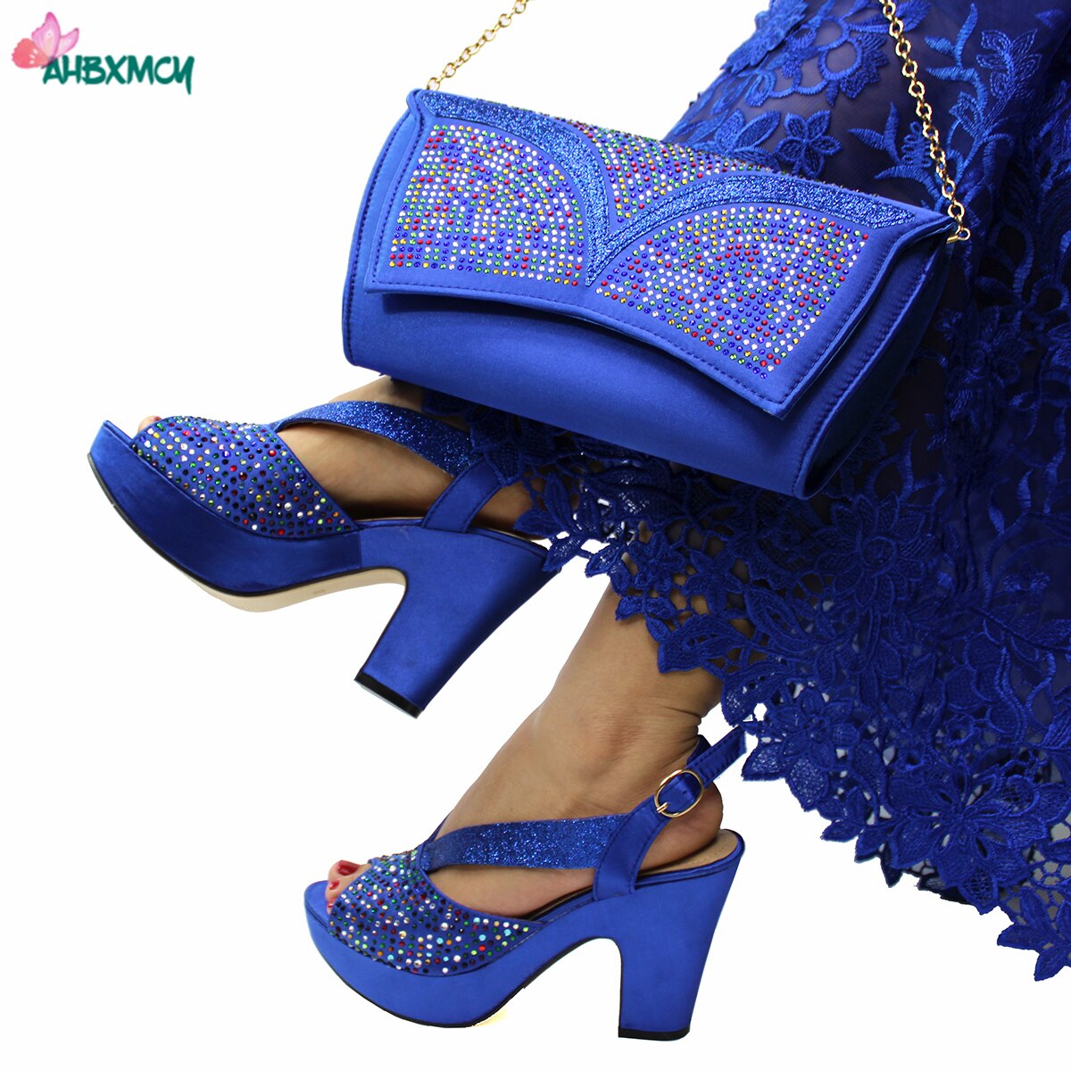 Latest Sexy Women High Quality Italian Ladies Shoes and Bag Set in Royal Blue Color with Shinning Crystal for Wedding Latest Sexy Women High Quality Italian Ladies Shoes and Bag Set in Royal Blue Color with Shinning Crystal for Wedding