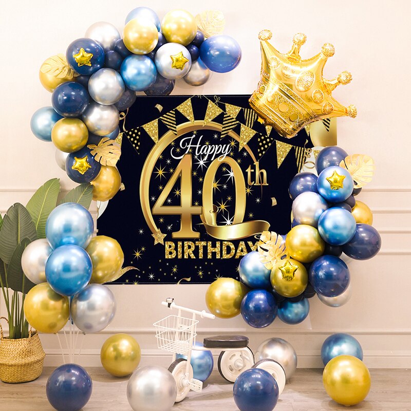 40th Birthday Party Decorations Gold Blue Metallic Balloons Garland Kit With Backdrops Background For Men Women Party Decor