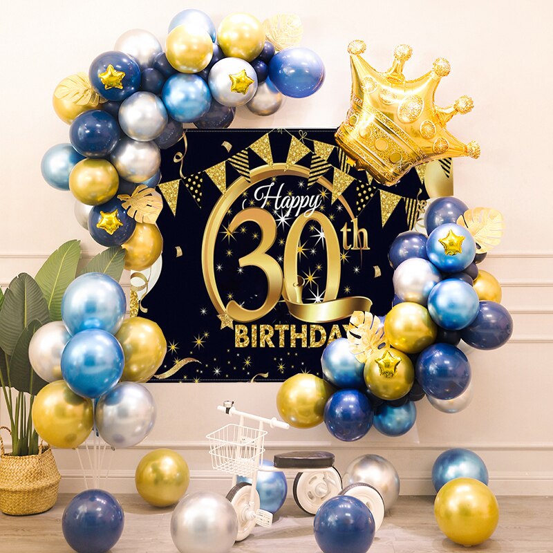 40th Birthday Party Decorations Gold Blue Metallic Balloons Garland Kit With Backdrops Background For Men Women Party Decor