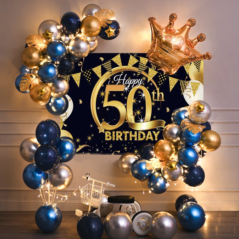 40th Birthday Party Decorations Gold Blue Metallic Balloons Garland Kit With Backdrops Background For Men Women Party Decor