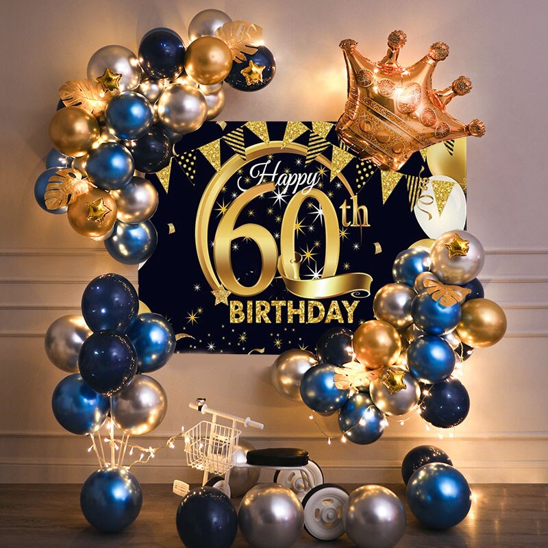 40th Birthday Party Decorations Gold Blue Metallic Balloons Garland Kit With Backdrops Background For Men Women Party Decor