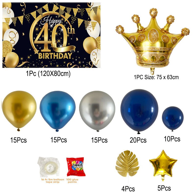 40th Birthday Party Decorations Gold Blue Metallic Balloons Garland Kit With Backdrops Background For Men Women Party Decor